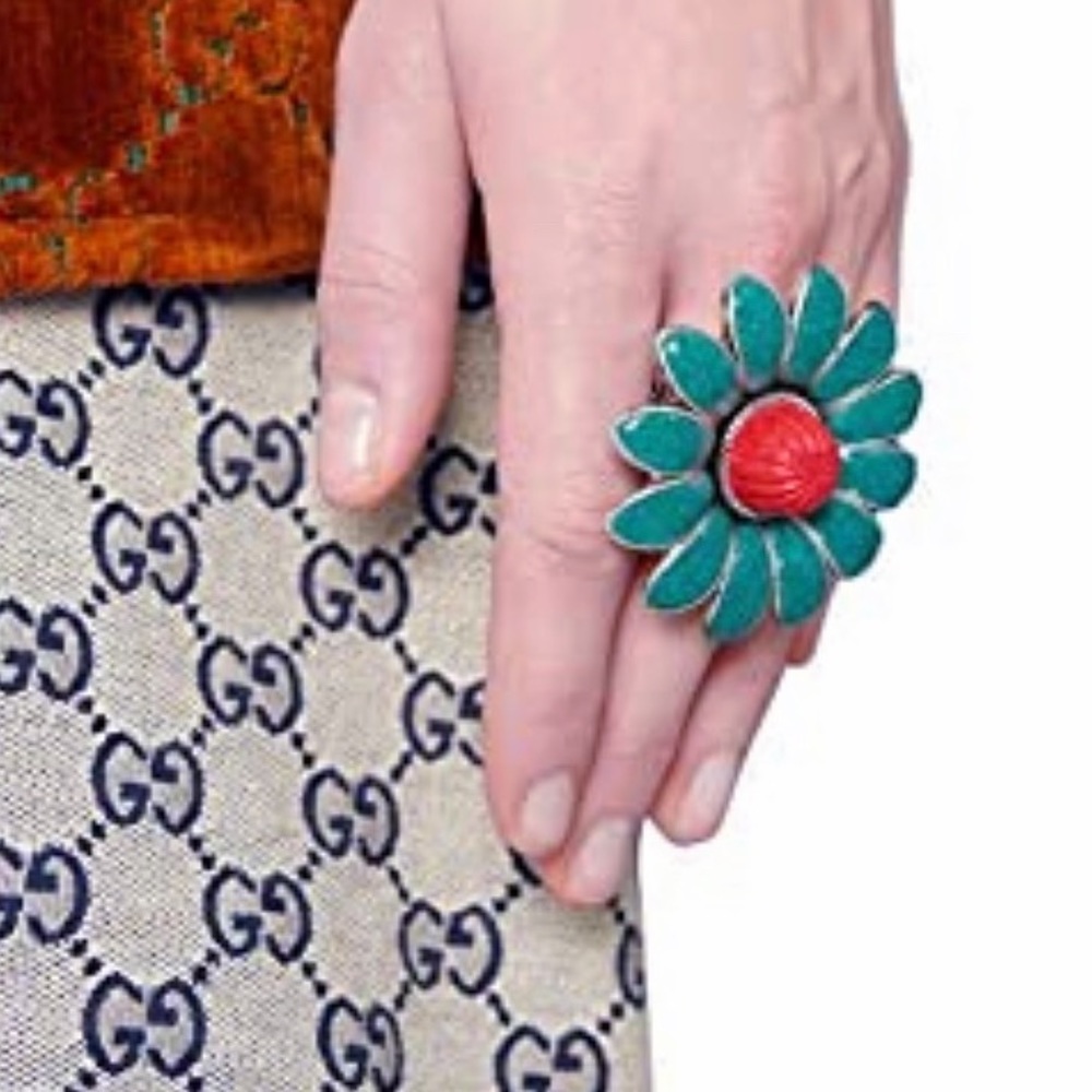 Gucci GG Marmont Sterling Silver Turquoise Enamel and Coral Resin Flower…